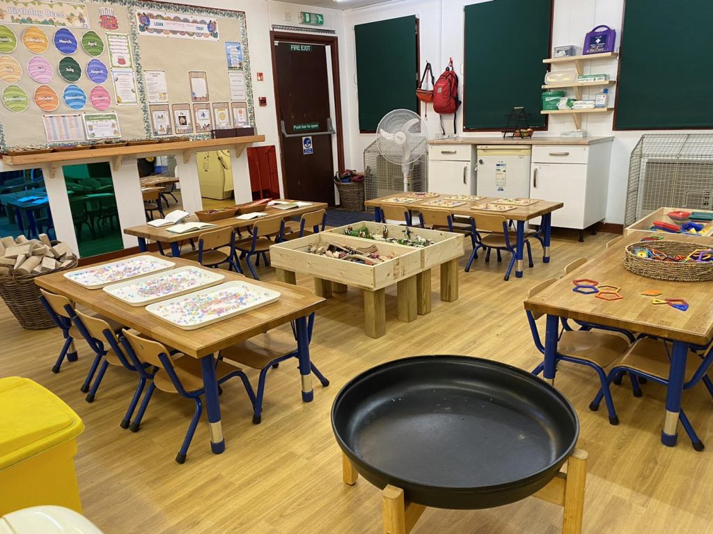 layout of learning room with tables and toys